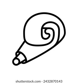 Flute toy noisemaker unfolding into spiral, birthday party symbol. Outline of festive flute toy noisemaker for design of children entertainment center. Simple linear icon isolated on white background