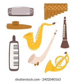 Flute, Trumpet, Saxophone and Clarinet, Oboe, Trombone, French Horn, Piccolo, Bassoon, Harmonica, Pan Flute, Ocarina and Tuba Are Diverse Wind Instruments In Music. Cartoon Vector Illustration