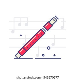 Flute vector icon on white background with notes. Musical instrument and equipment topic.
