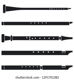 Flute vector icons set. Recorder music instrument black silhouettes isolated on a white background.