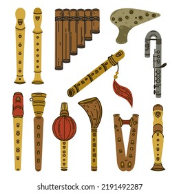 Flute vector set. Collection of wooden, metal, bamboo, plastic musical instruments. Block flute, alto, pipe pan, ocarina, duduk, fife, double. Flat cartoon illustration for logo, web, print