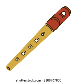 Flute whistle vector icon. Hand drawn wooden, bamboo musical instrument. Irish fife isolated on white. Tool for classical and folk melodies. Flat cartoon clipart for web, logo, apps, print