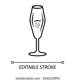 Flute wineglass linear icon. Sparkling wine thin line illustration. Champagne contour symbol. Party cocktail. Sweet aperitif drink. Vector isolated outline drawing. Editable stroke