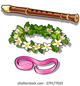 Flute and a wreath of white flowers. Vector.