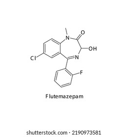 Flutemazepam Molecule Flat Skeletal Structure, Benzodiazepine Class Drug Used As Anxiolytic, Anticonvulsant, Sedative, Hypnotic Agent. Vector Illustration On White Background.