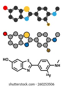 Flutemetamol (18F) PET tracer molecule. Used to diagnose Alzheimer's disease. Stylized 2D renderings and conventional skeletal formula. 