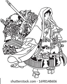 The flute-player and a samurai standing behind him 