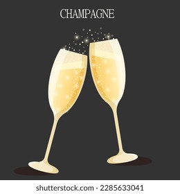 Flutes for champagne with golden bubbles on a dark background with text. Vector illustration EPS10