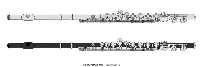 Flutes vector set. Wooden and silver flutes.