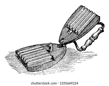 Fluting Eisen ist ein Gerät zur Herstellung von Flöten in einem Stoff oder Artikel von Kleid, seine als Rüstung, Vintage-Linie Zeichnung oder Gravur Illustration.