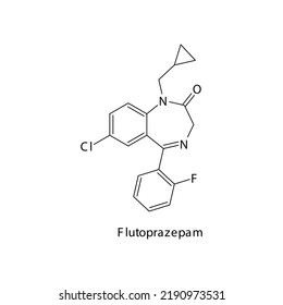 Flutoprazepam Molecule Flat Skeletal Structure, Benzodiazepine Class Drug Used As Anxiolytic, Anticonvulsant, Sedative, Hypnotic Agent. Vector Illustration On White Background.