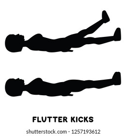 Flutter kicks. Sport exersice. Silhouettes of woman doing exercise. Workout, training Vector illustration