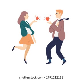 Flutter man and woman sending hearts to each other vector flat illustration. Happy couple feeling mutual love isolated on white. Pair enjoy romantic relationship. Reciprocal sympathy between people