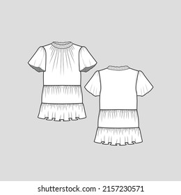 Flutter Sleeve Ruffles Smocking neck top  neck gatherings ruffles fashion waist gathering detail ruffles flare hem clothing flat sketch technical drawing template design vector