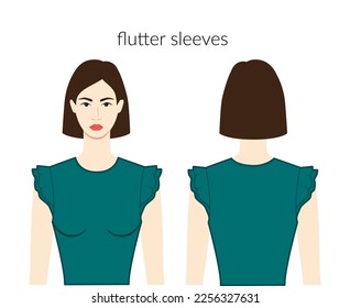 Flutter sleeves clothes - short Cape sleeve, Circular, butterfly, Capelet -women in esmerald dresses, tops, shirts technical fashion illustration. Flat apparel template. Women, men unisex CAD mockup