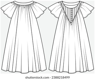 FLUTTER MANGA UN VESTIDO DE LÍNEA CON DETALLE DE BIB DE PINTUCKS DISEÑADO PARA NIÑAS ADOLESCENTES, DOS NIÑAS Y NIÑAS EN ILUSTRACIÓN DE VECTORES