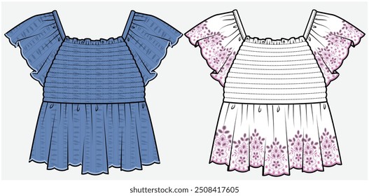 BLUSA SMOCKING TOP DE MANGAS FLUTTER DISEÑADA PARA ADOLESCENTES Y NIÑAS EN ARCHIVO DE VECTOR