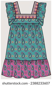 FLUTTER SLEEVES TIERED BLOCK PRINT DRESS WITH EMBROIDERED SQUARE NECK DETAIL DESIGNED FOR FOR TEEN GIRL, TWEEN GIRLS AND KID GIRLS IN  VECTOR ILLUSTRATION
