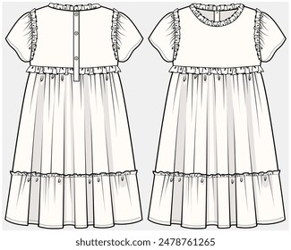 FLUTTER SLEEVES TIERED DRESS DESIGNED FOR TEEN AND KID GIRLS IN VECTOR FILE