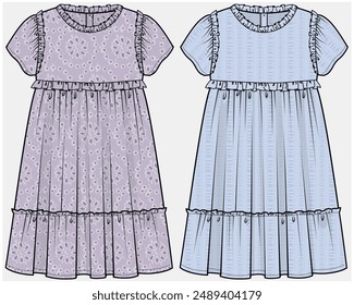 FLUTTER SLEEVES TIERED DRESS DESIGNED FOR TEEN AND KID GIRLS IN VECTOR FILE