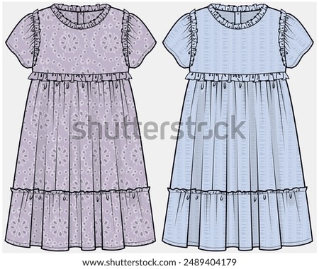 FLUTTER SLEEVES TIERED DRESS DESIGNED FOR TEEN AND KID GIRLS IN VECTOR FILE