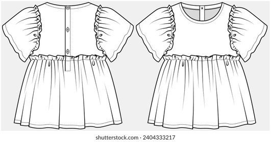 FLUTTER SLEEVES TOP WITH EMPIRE CUT DETAIL DESIGNED FOR TEEN AND KID GIRLS IN VECTOR ILLUSTRATION FILE