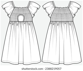 FLUTTER SLEVES SMOCK BODICE DRESS WITH CUT OUT BACK AND SQUARE NECKLINE DETAIL DESIGNED FOR TEEN GIRL, TWEEN GIRLS AND KID GIRLS IN  VECTOR ILLUSTRATION