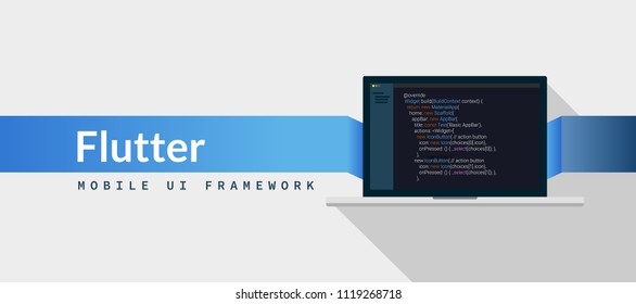 Flutter UI Framework Dart programming language with script code on laptop screen, programming language code illustration