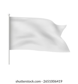 Fluttering 3d white flag mockup with forked ends on flagpole. Textile horizontal blank advertising banner template. Marketing, presentation, branding. Isolated background. Vector illustration.
