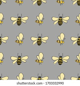 Fluttering bees in lines on gray background seamless vector pattern surface design honeybees