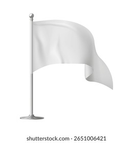 Uma maquete em branco flutuante de uma bandeira triangular branca em um mastro. Banner têxtil 3d para publicidade, promoção e branding. Ilustração isolada de vetor.
