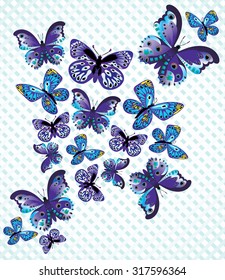 Fluttering blue butterfly on blue and white checkered background