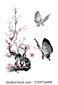 Fluttering butterflies and a branch of blooming sakura. Vector illustration in the traditional oriental style of sumi-e. Hieroglyphs - Beauty in nature.