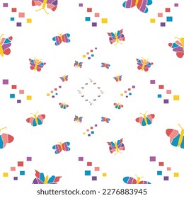 Fluttering butterflies in bright, summer colors. Vector illustration. Seamless pattern. Large and small butterflies and squares in yellow, pink, red, violet, purple, and blue.