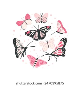 Fluttering butterflies in a dynamic, round composition. Summer moth circle badge. Vector hand drawn illustration.