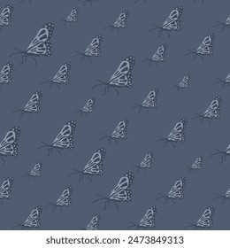 Fluttering butterflies seamless pattern. Month continuous background. Dark night mood repeat cover motif. Vector hand drawn illustration.