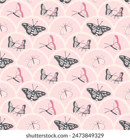 Fluttering butterflies seamless pattern. Pink summer pollinators endless background. playful mood repeat cover motif. Vector hand drawn illustration.