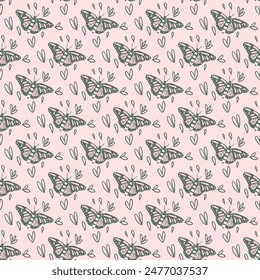 Fluttering butterflies seamless pattern. Pink summer pollinators endless background. Vector hand drawn illustration.