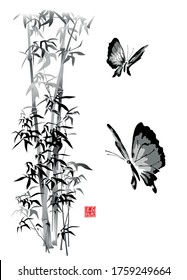 Fluttering butterflies and stalks of bamboo. Vector illustration in the traditional oriental style of sumi-e. Hieroglyphs - Beauty in nature.