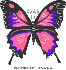 Fluttering butterfly isolated on white background. Vector flat illustration. A bright butterfly with gray wings and pink ones with purple spots on them.