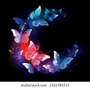 Fluttering in circle, luminous, bright, neon night butterflies on black, luminescent background. Night butterflies.