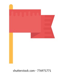 A fluttering flag of red color on stand stick, flat vector icon design