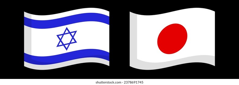 Fluttering Israel and Japan flag icon set. Vector.