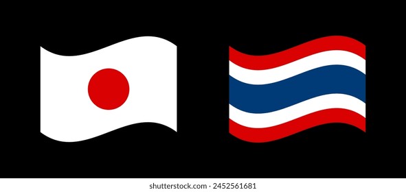 Fluttering Japanese and Thai waving flags, Thailand and Japan between friendship.