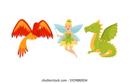 Fluttering Pixie and Phoenix Bird as Mythological and Fairy Creature Vector Set