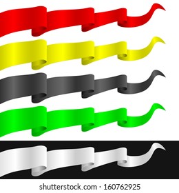 Fluttering ribbons of different colors. Isolated objects on a white and black background.