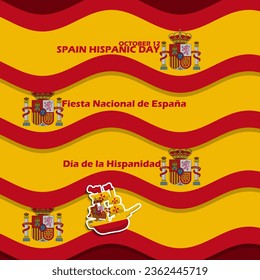 Fluttering Spanish flags and a ship with bold text and Spanish words meaning National Holiday of Spain and Spanish Hispanic to commemorate Spain Hispanic Day on October 12