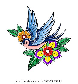 Fluttering Swallow with Flowers as Old School Badge Vector Illustration