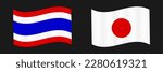 Fluttering Thai and Japanese flags icon set. Friendship between Japan and Thailand. Vector.