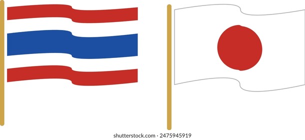 Fluttering Thai and Japanese flags icon set. Friendship between Japan and Thailand. Vector.